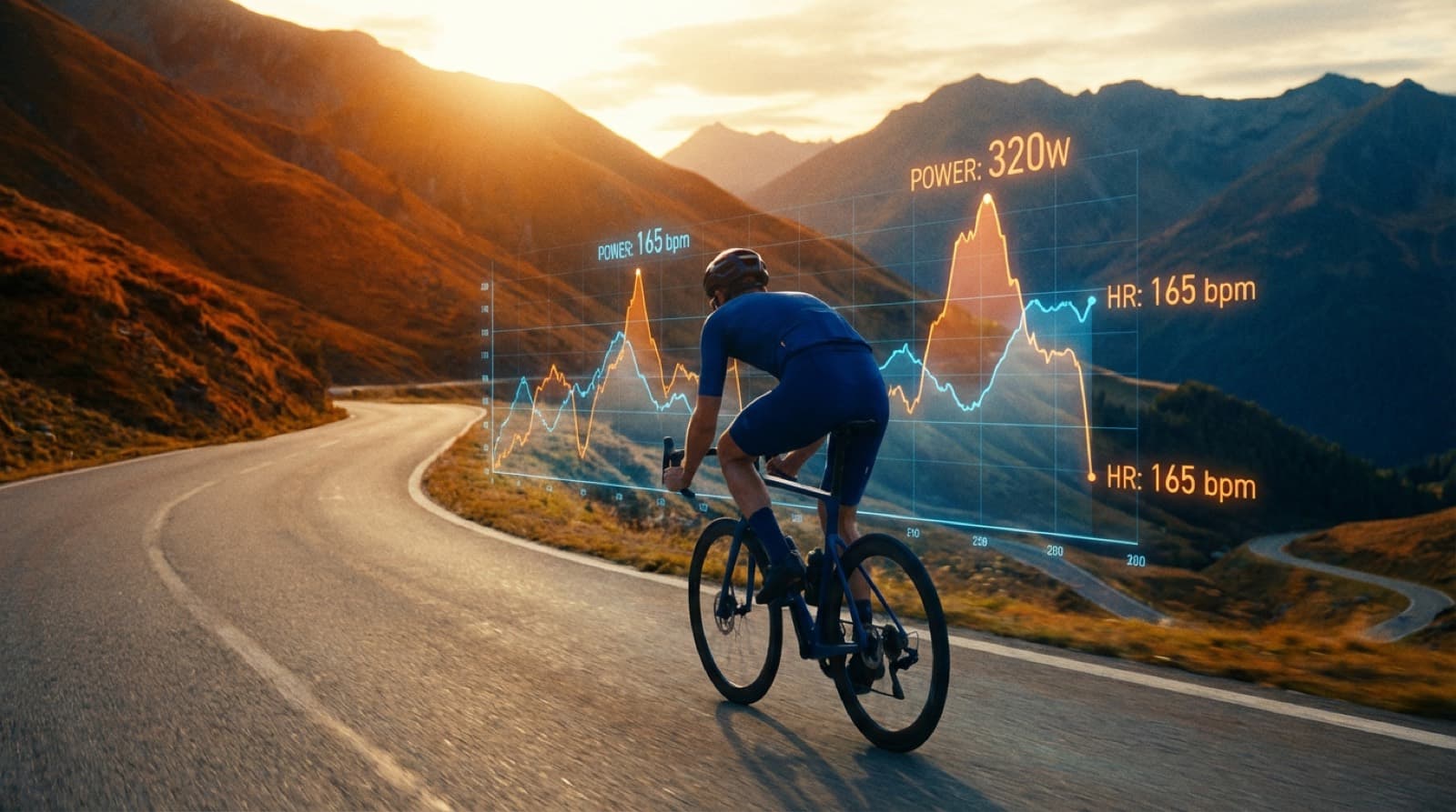 Cyclist climbing a mountain road with power and heart rate data