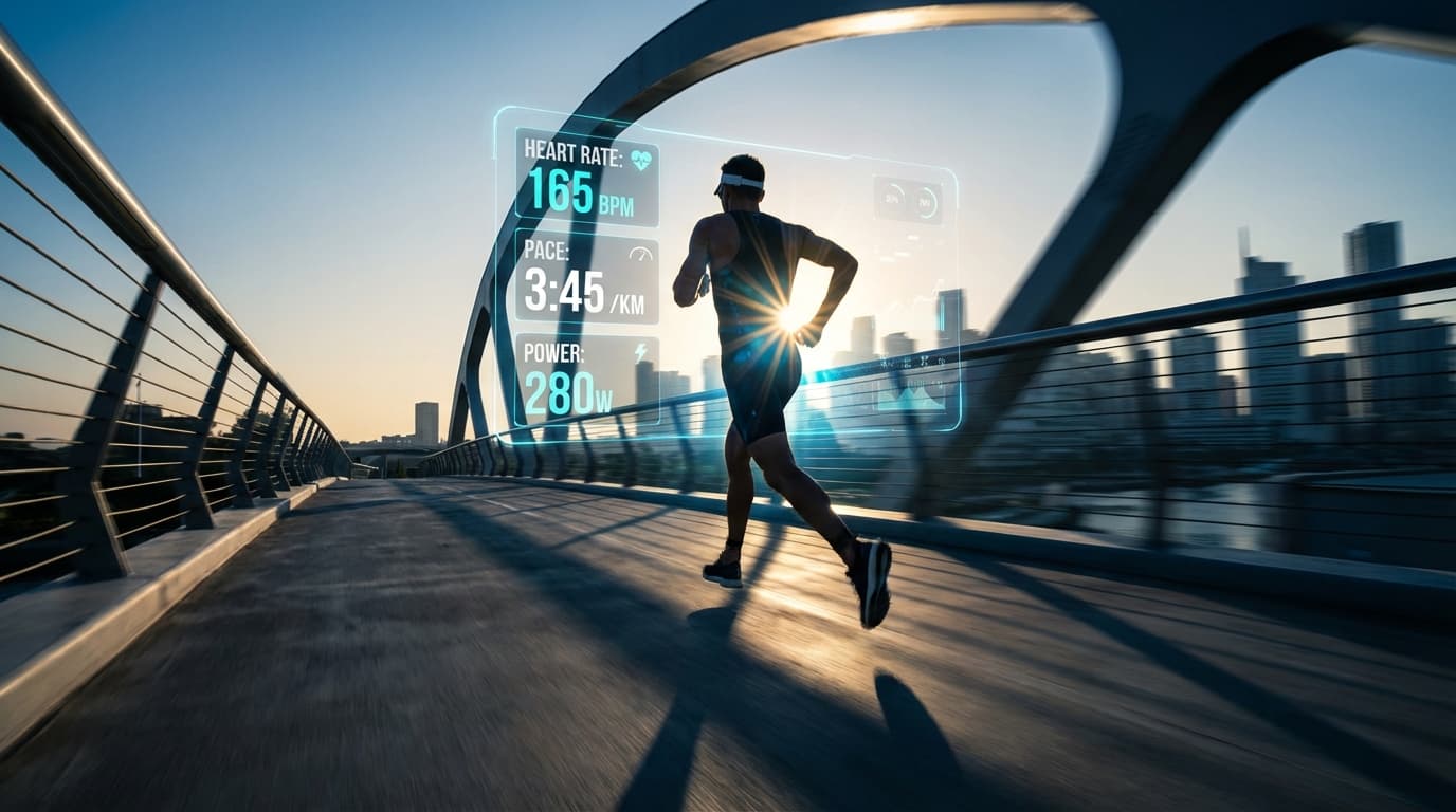 Triathlete running at sunrise